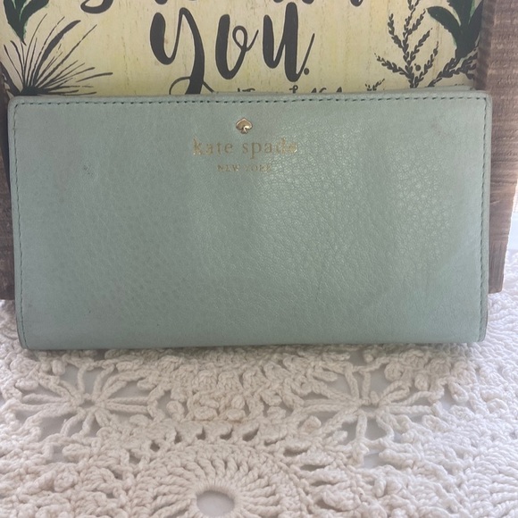 kate spade Handbags - Kate Spade Robins Egg Blue Pebbled Leather Wallet Gold Trim Nice! Come see!